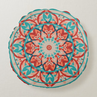 Orange & Turquoise Boho Mandala Round Pillow