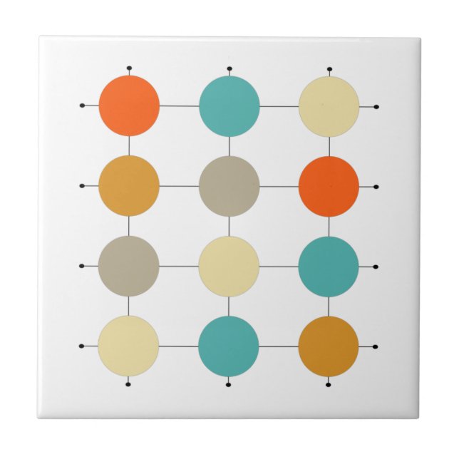 Orange Turquoise Cream Circles Mid Century Ceramic Tile (Front)