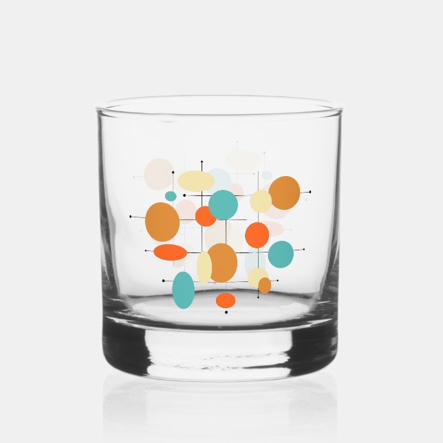 Orange Turquoise Cream Circles Mid Century  Whiskey Glass (Front)