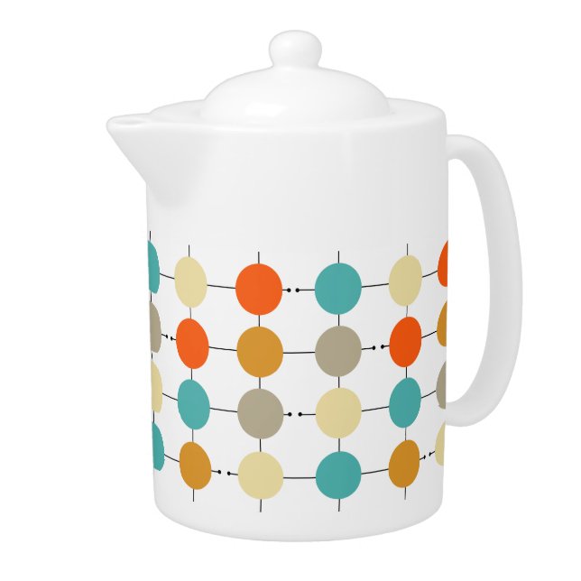 Orange Turquoise Cream Circles Retro Pattern Teapot (Right)