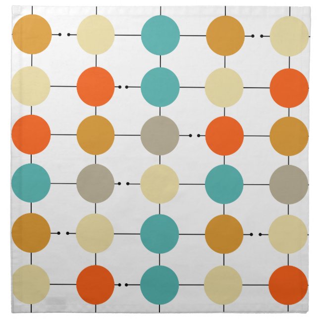 Orange Turquoise Cream Tan Circles On Black Lines Cloth Napkin (Front)