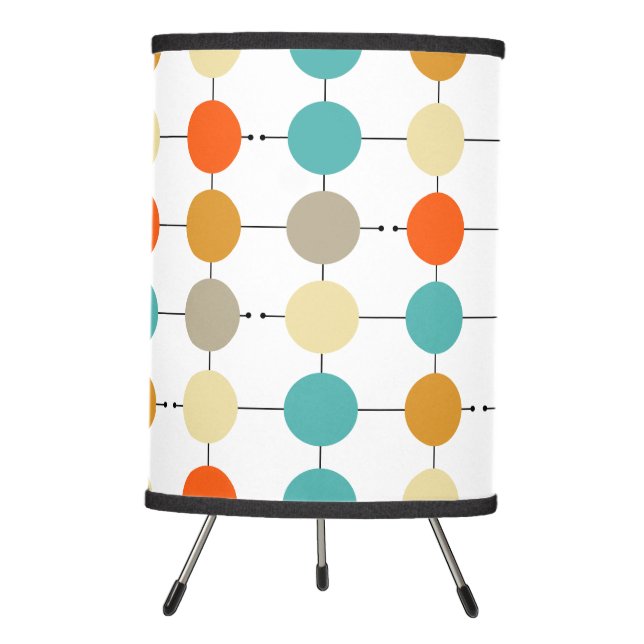 Orange Turquoise Cream Tan Circles On Black Lines Tripod Lamp (Front)