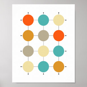 Orange Turquoise Cream Tan Circles on Grid Poster