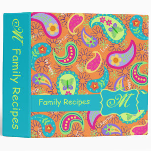 Orange Turquoise Modern Paisley Pattern Monogram 3 Ring Binder