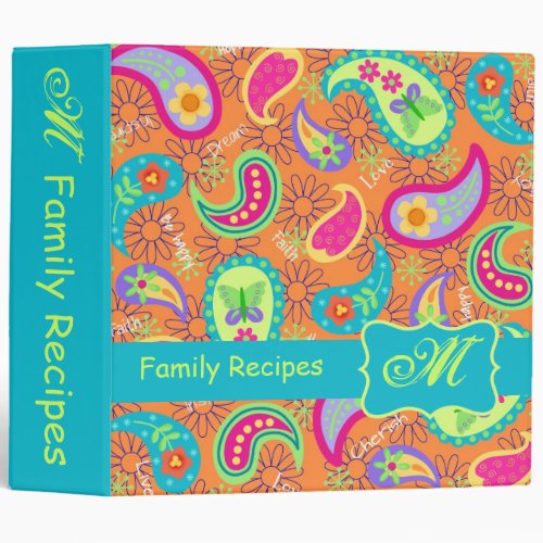 Orange Turquoise Modern Paisley Pattern Monogram 3 Ring Binder