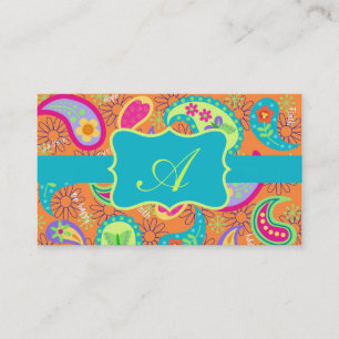 Orange Turquoise Modern Paisley Pattern Monogram Business Card