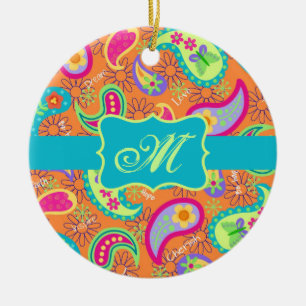 Orange Turquoise Modern Paisley Pattern Monogram Ceramic Ornament