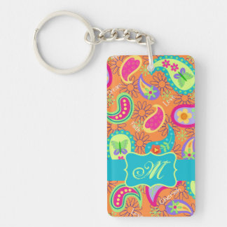 Orange Turquoise Modern Paisley Pattern Monogram Keychain