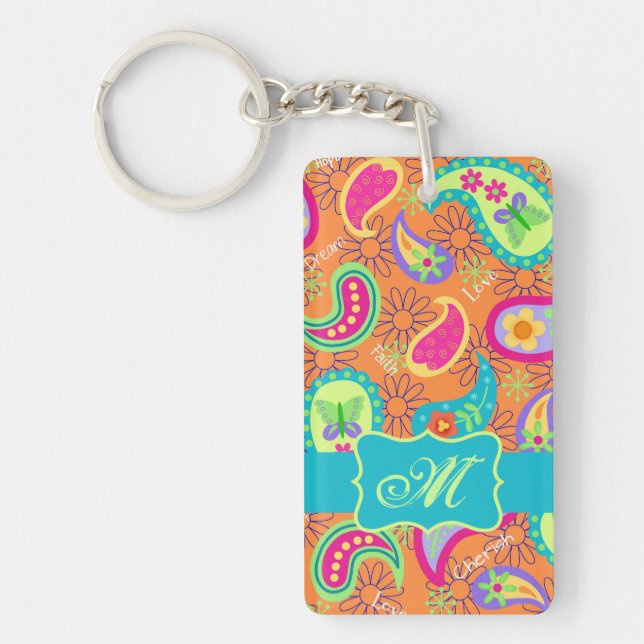 Orange Turquoise Modern Paisley Pattern Monogram Keychain (Front)