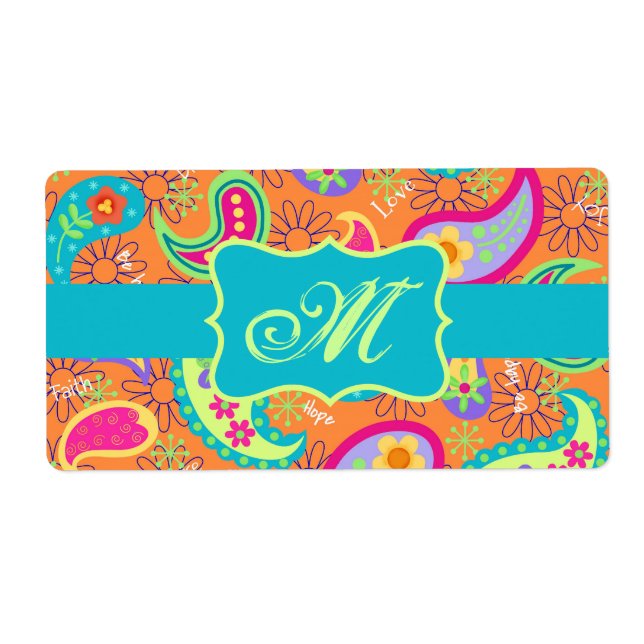 Orange Turquoise Modern Paisley Pattern Monogram Label (Front)