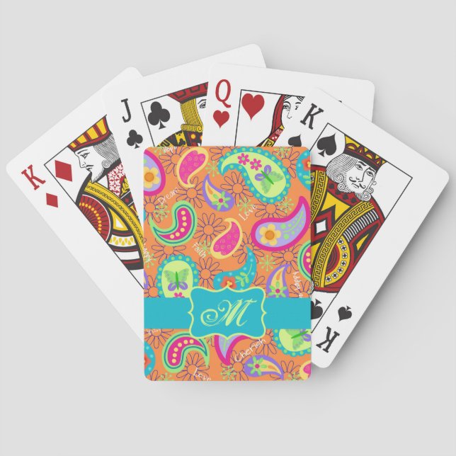 Orange Turquoise Modern Paisley Pattern Monogram Poker Cards (Back)