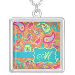 Orange Turquoise Modern Paisley Pattern Monogram Silver Plated Necklace