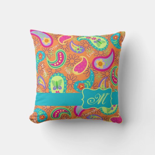 Orange Turquoise Modern Paisley Pattern Monogram Throw Pillow