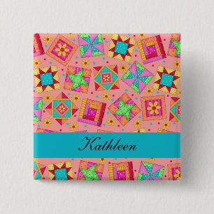 Orange Turquoise Patchwork Quilt Blocks Name Badge Button