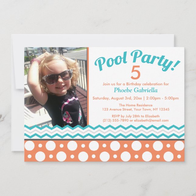 Orange & Turquoise Pool Party Birthday Invitations (Front)