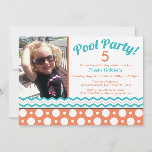 Orange  Turquoise Pool Party Birthday Invitations