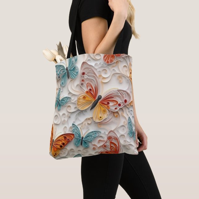 ORANGE & TURQUOISE PRETTY QUILL ART BUTTERFLIES TOTE BAG (Close Up)