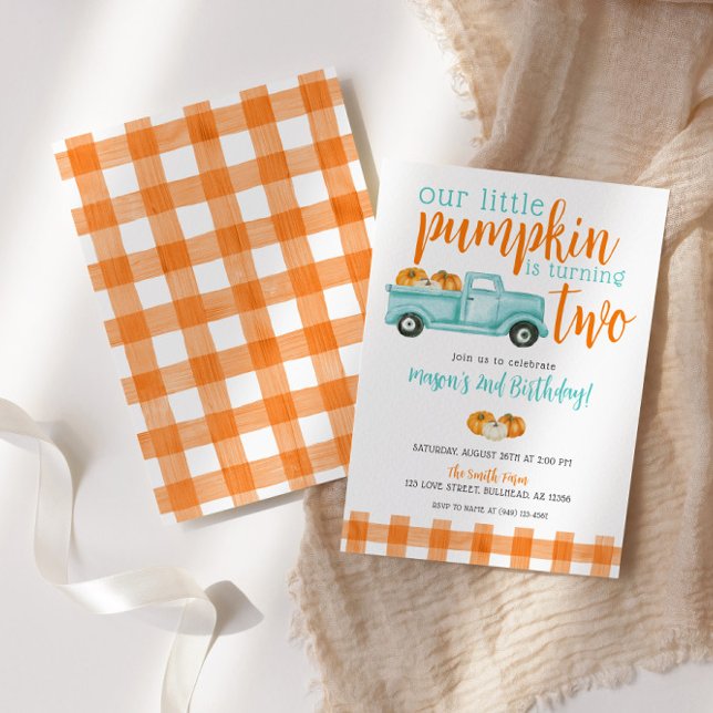 Orange & turquoise Pumpkin Harvest Truck Birthday Invitation (Creator Uploaded)