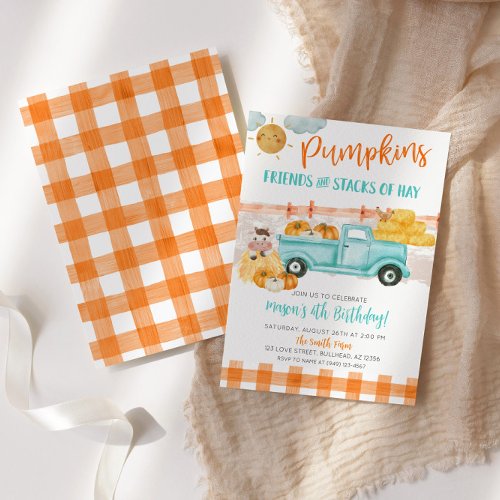 Orange  turquoise Pumpkin Harvest Truck Birthday Invitation