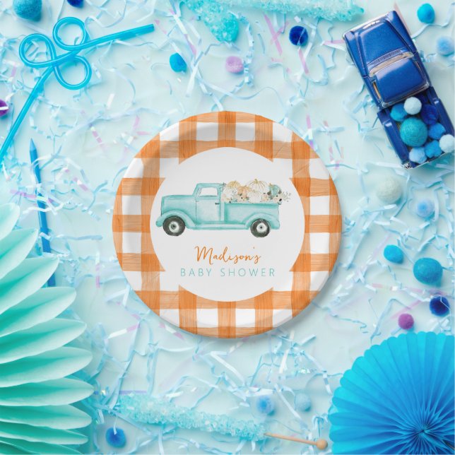 Orange & turquoise Pumpkin Harvest Truck  Paper Plates (Party)