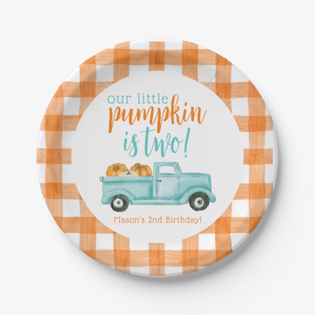 Orange & turquoise Pumpkin Harvest Truck  Paper Plates (Front)