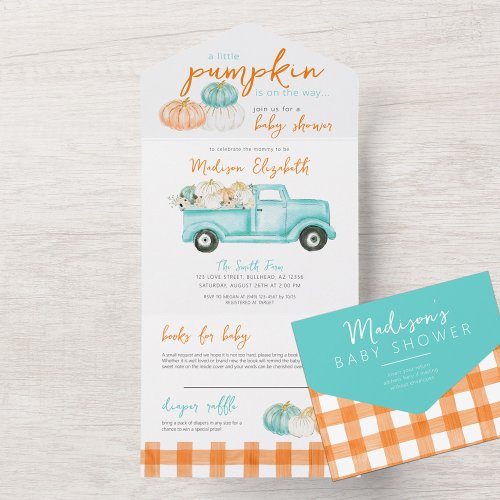 Orange  turquoise Pumpkin Truck Baby Shower All In One Invitation