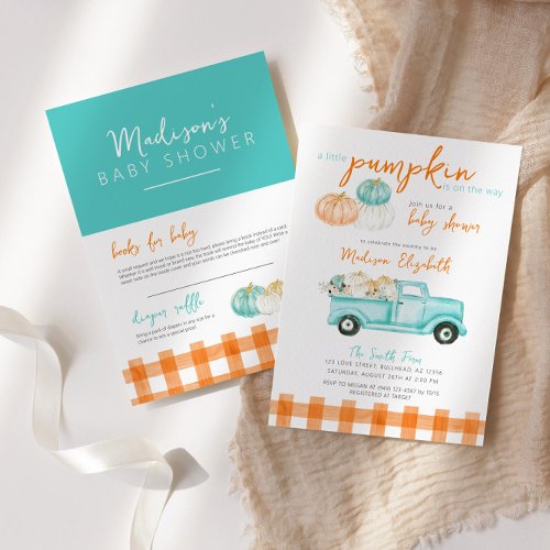 Orange  turquoise Pumpkin Truck Baby Shower Invitation