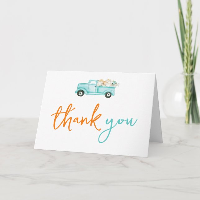 Orange & turquoise Pumpkin Truck Thank You Card (Front)