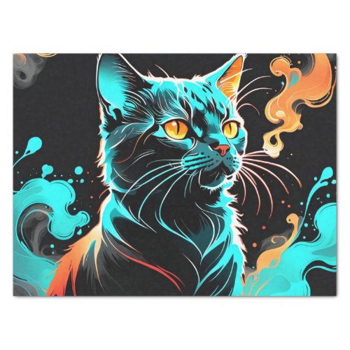 Orange Turquoise smoke Black Cat Decoupage Tissue Paper