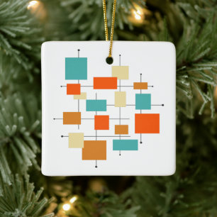Orange Turquoise Squares Mid Century Christmas Ceramic Ornament