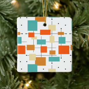 Orange Turquoise Squares Mid Century Christmas Ceramic Ornament