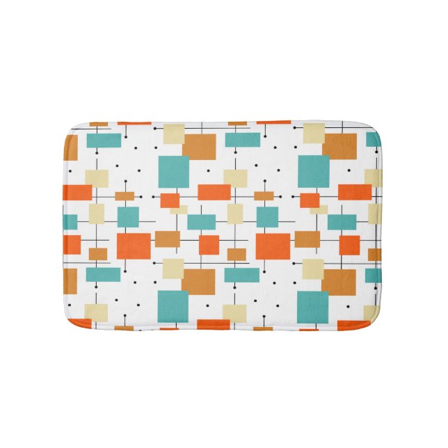 Orange Turquoise Squares Retro Mid Century Pattern Bath Mat (Front)
