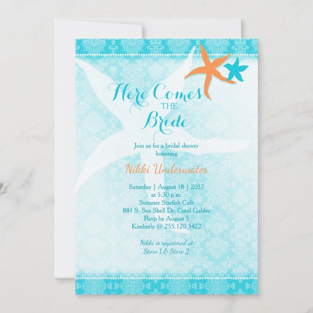 Orange Turquoise Summer Starfish Bridal Shower Invitation (Front)