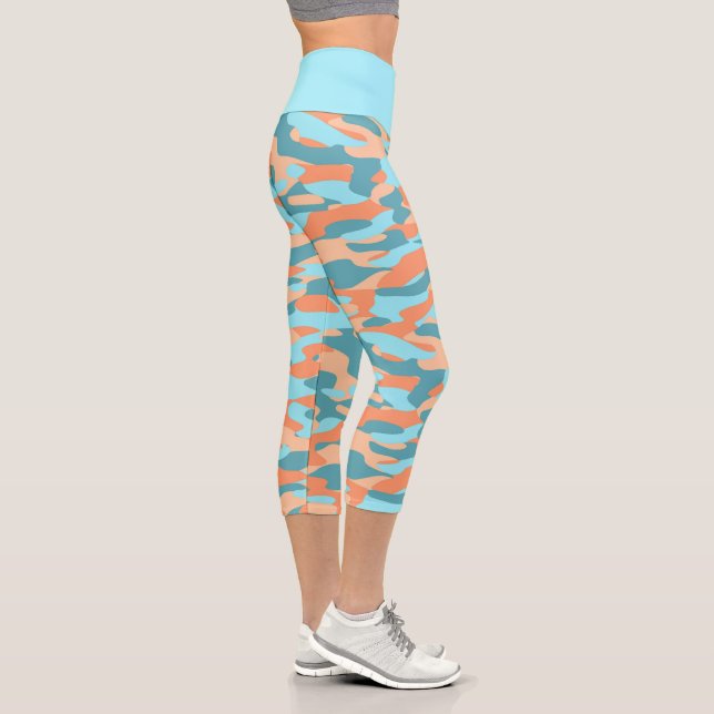 Orange Turquoise Teal Blue Camouflage Pattern Capri Leggings (Right)