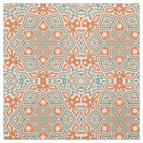 Orange Turquoise Teal Taupe Kaleidoscope Pattern Fabric