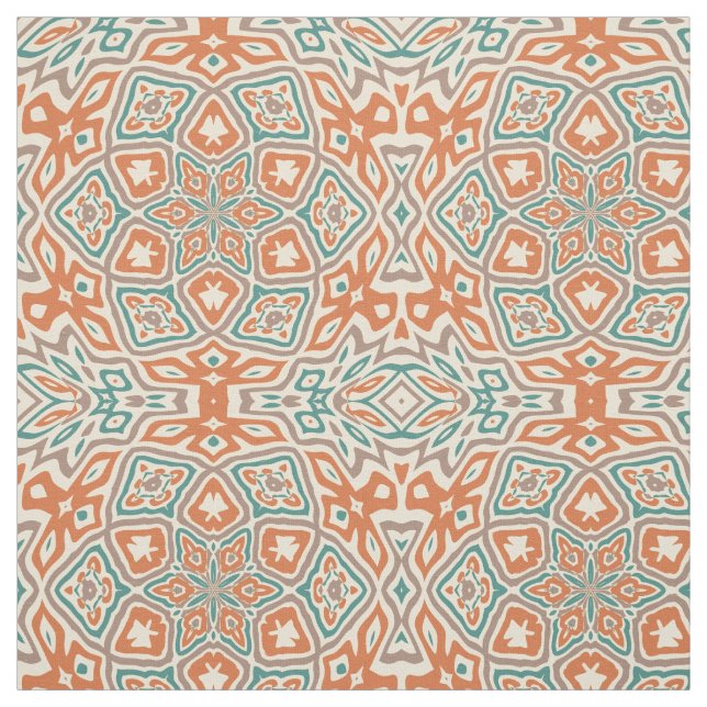 Orange Turquoise Teal Taupe Kaleidoscope Pattern Fabric (Swatch)