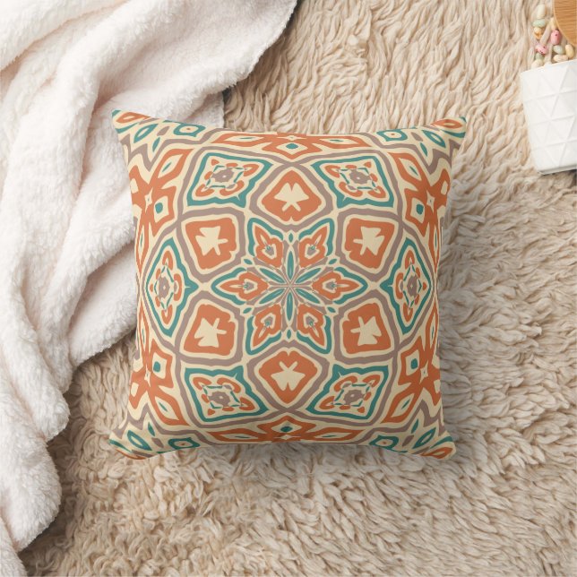 Orange Turquoise Teal Taupe Kaleidoscope Pattern Throw Pillow (Blanket)