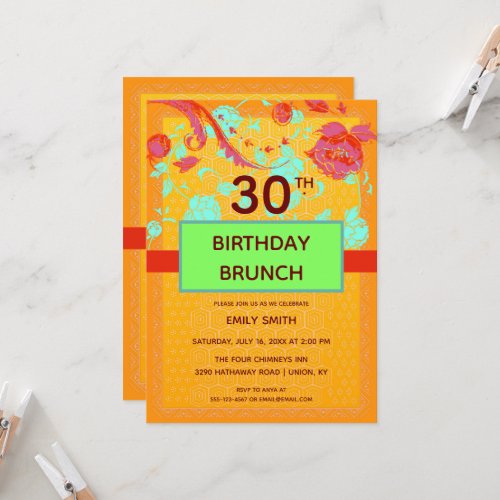 Orange Turquoise Trendy Peony Birthday Brunch Invitation