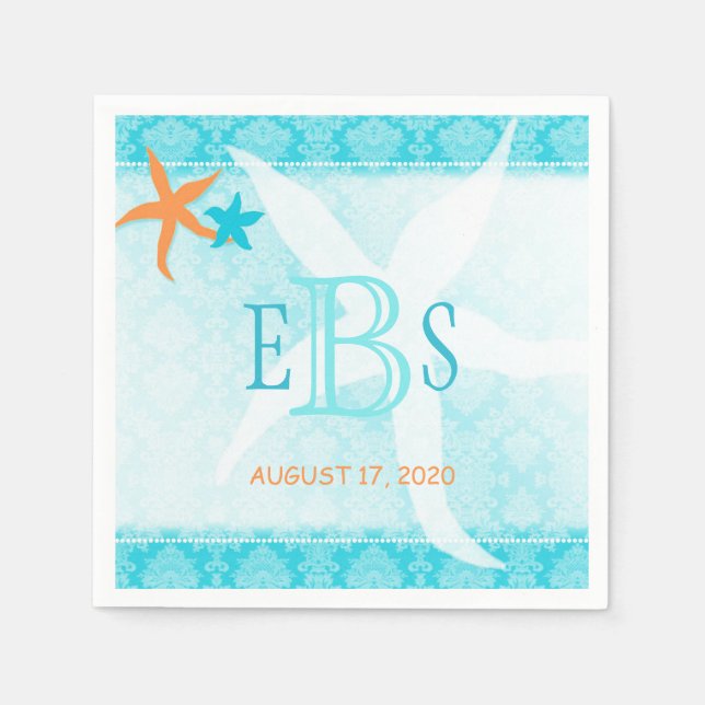 Orange Turquoise White Beach Wedding Napkins (Front)