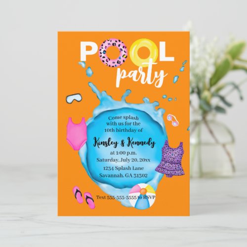 Orange Twins Pool Party Birthday Splash Leopard Invitation