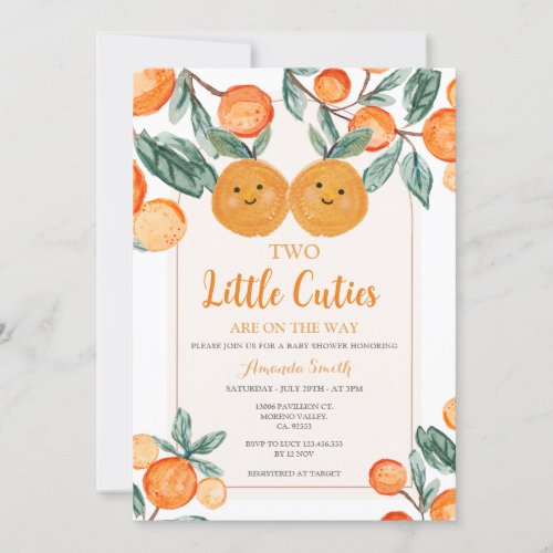 Orange Two little cutie are on the way Greenery Invitation