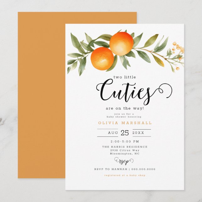 Orange Two Little Cuties Twin Baby Shower  Invitation (Front/Back)