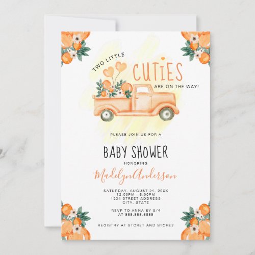 Orange Two Little Cuties Twins Baby Shower Invitation