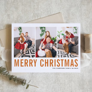 Orange Typography Merry Christmas Photo Collage Holiday Card