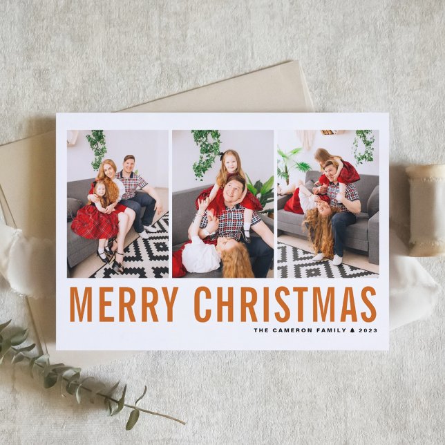 Orange Typography Merry Christmas Photo Collage Holiday Card (Creator Uploaded)