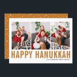 Orange Typography Photo Collage Happy Hanukkah Holiday Card<br><div class="desc">Happy Hanukkah! Customizable Happy Hanukkah photo collage flat card featuring orange simple typography and snow pattern. Personalize by adding three photos,  names,  year and other details. This modern Hanukkah flat card is available in other colors and cardstock.</div>