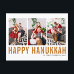 Orange Typography Photo Collage Happy Hanukkah Holiday Postcard<br><div class="desc">Happy Hanukkah! Customizable Happy Hanukkah photo collage postcard featuring orange simple typography and snow pattern. Personalize by adding three photos,  names,  year and other details. This modern Hanukkah postcard is available in other colors and cardstock.</div>