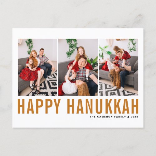 Orange Typography Photo Collage Happy Hanukkah Holiday Postcard