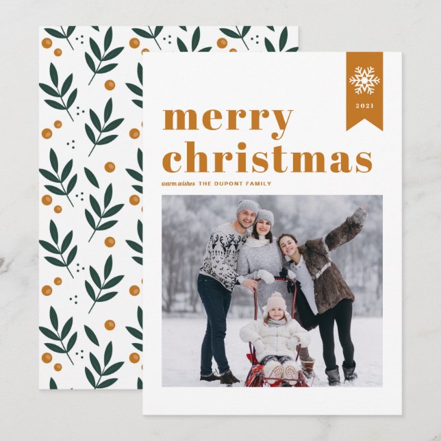 Orange Typography Snowflakes Merry Christmas Photo Holiday Card (Front/Back)