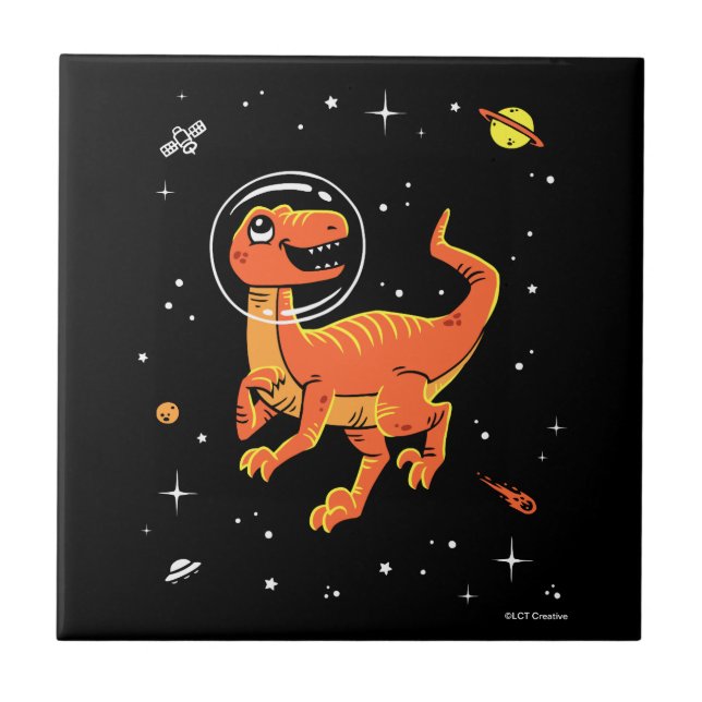 Orange Tyrannosaurus Dinos In Space Ceramic Tile (Front)